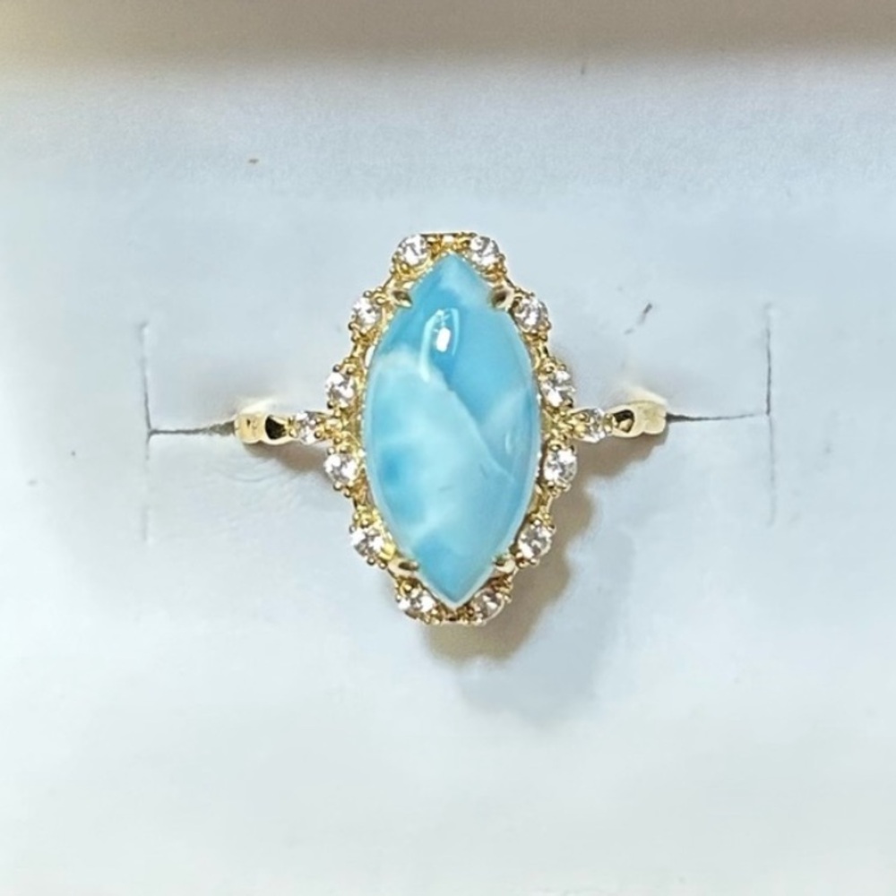 NEW 10k SOLID GOLD Blue Larimar Marquise  HALO WITH NATURAL ZICRON